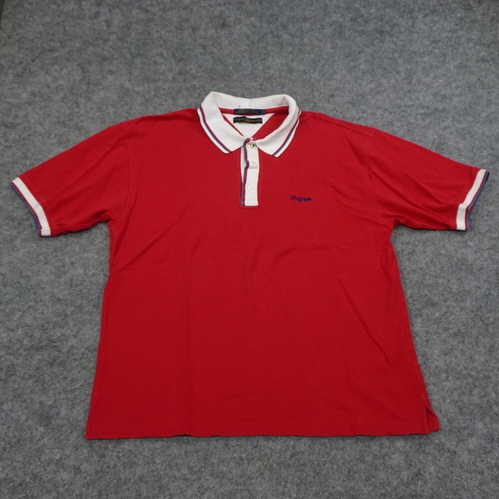 Vintage Tommy Hilfiger Polo Shirt Mens XL Spell Out Red White Blue Short Sleeve